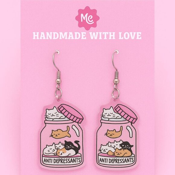 Cute Cat Jar Earrings | Anti Depressants Kitty Statement Jewelry - Picture 2 of 3